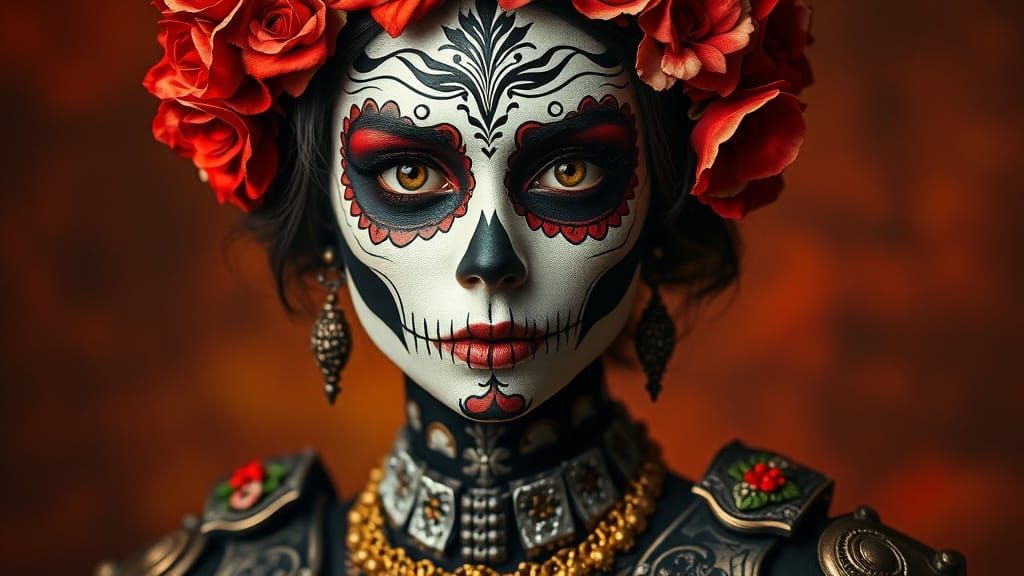 Regal Woman with Intricate Day of the Dead Skull Makeup