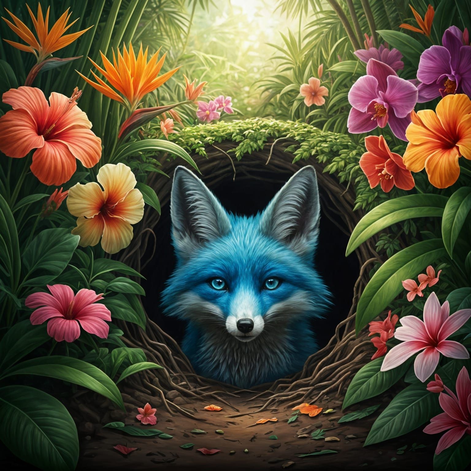 Vibrant Garden Oasis with Mysterious Fox
