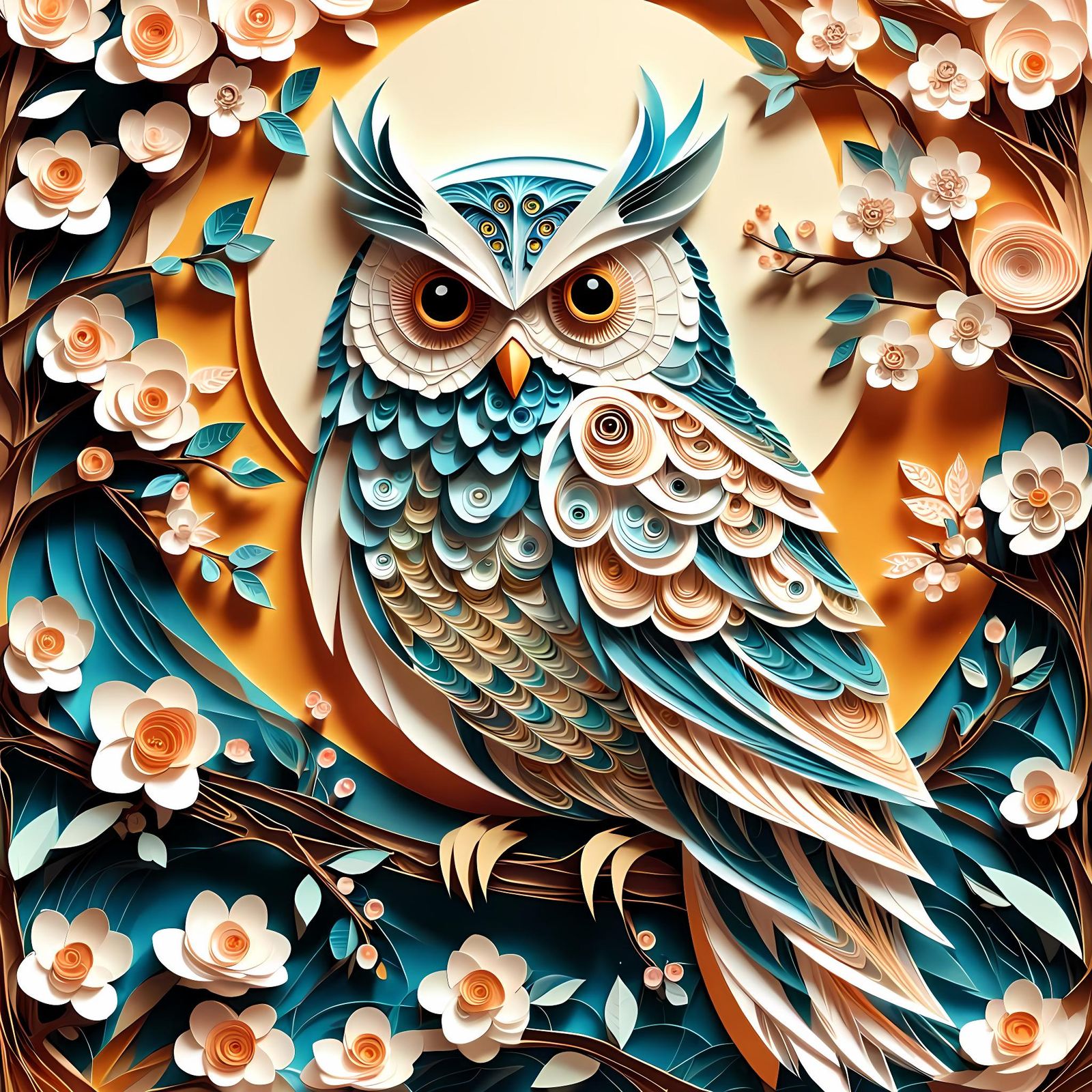 Elegant Paper Craft Owl on Sakura Branch