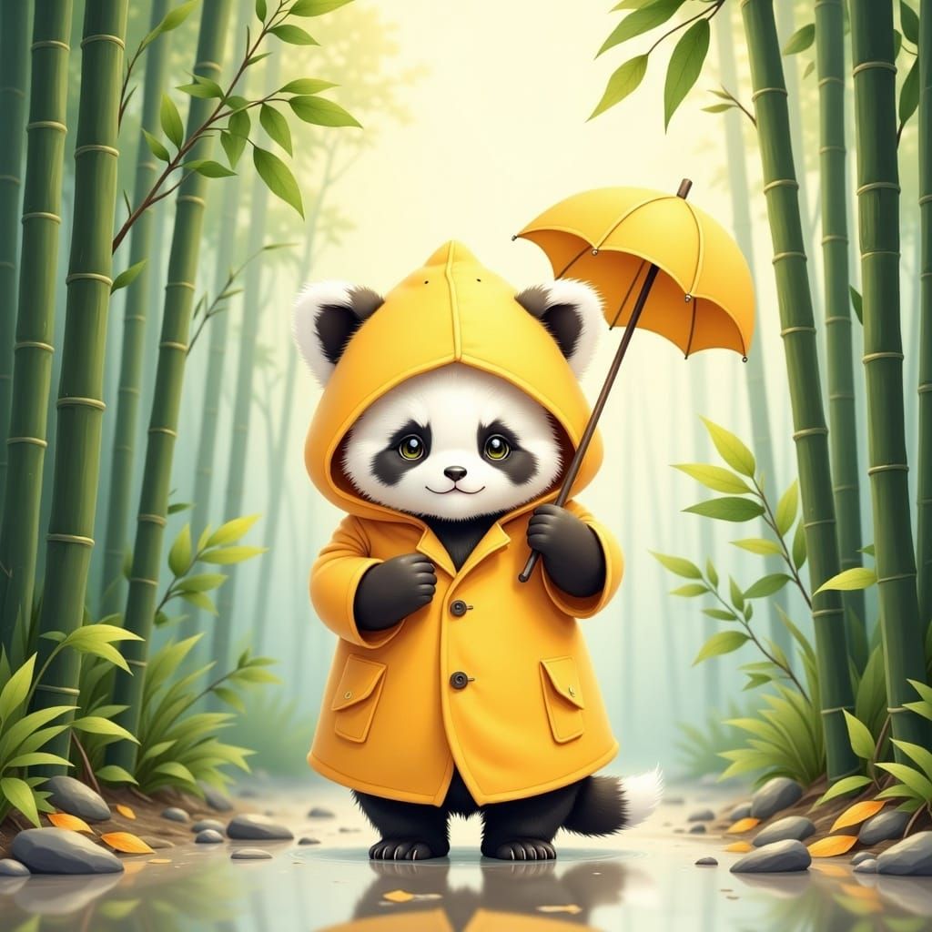 Baby Panda in Raincoat, Watercolor Illustration Style