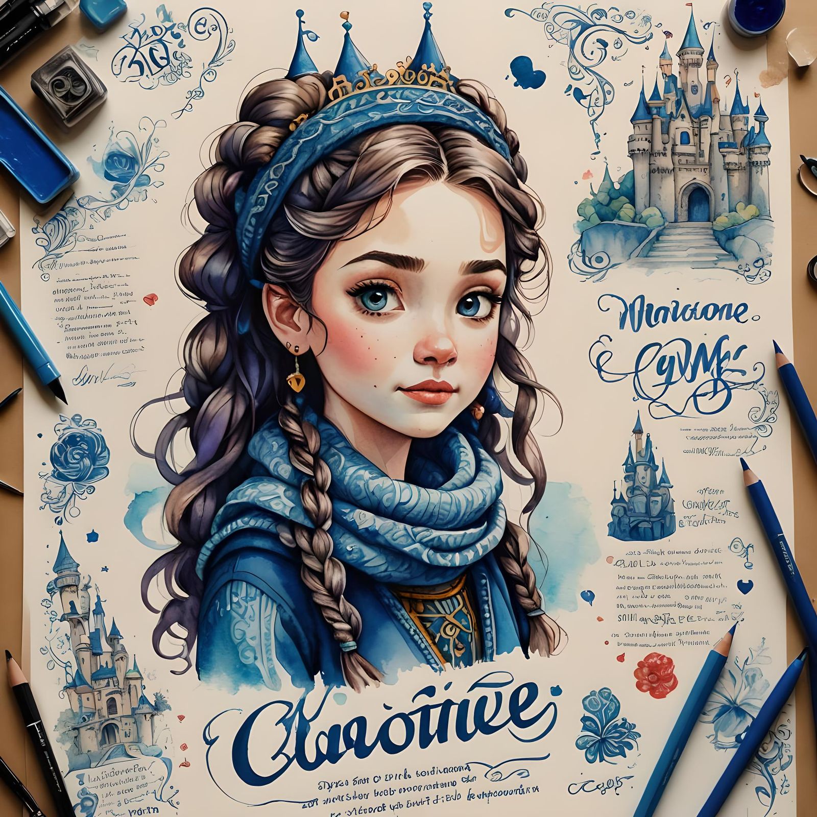 Calligraphic Watercolor Portrait of a Knitted Castle