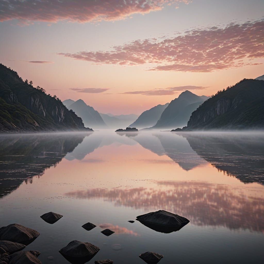 Serene Mountain Sunrise Landscape with Shimmering Water