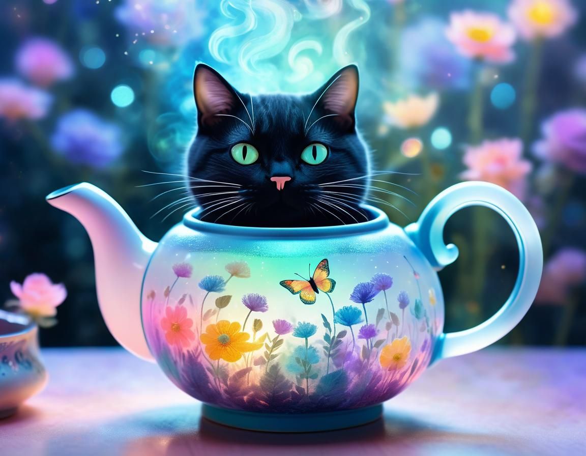Cat in Teapot: Dreamy Digital Art