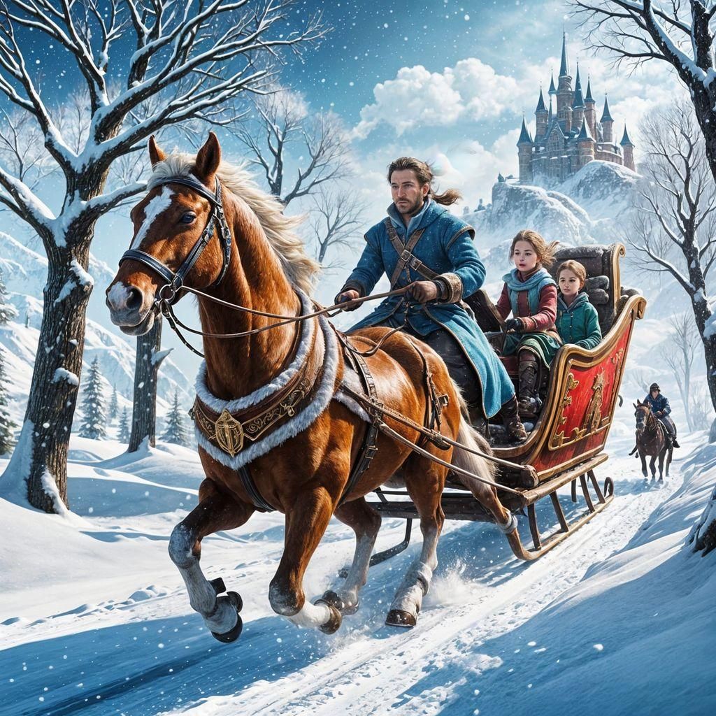 Family Sleigh Ride Through Snowy Winter Landscape
