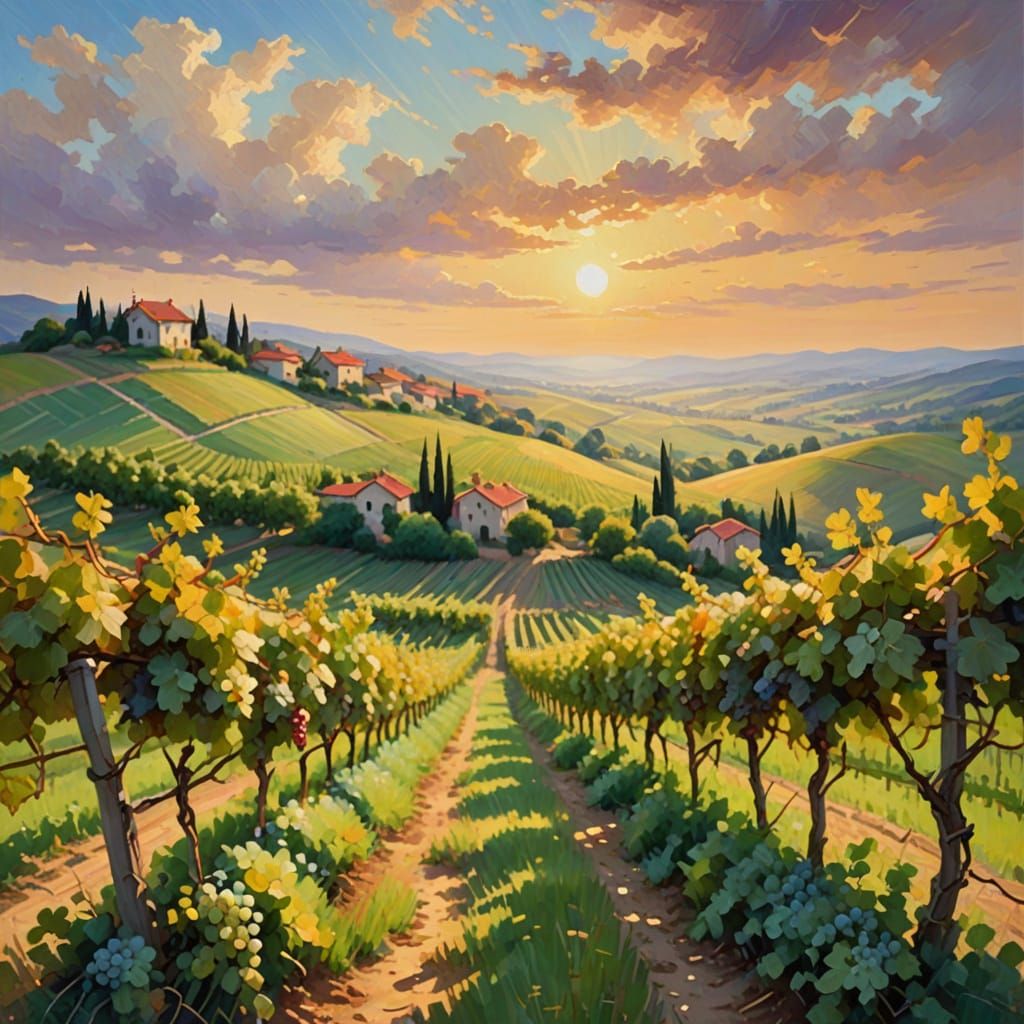 Idyllic Grape Vineyard Landscape in Vibrant Oil Painting Sty...
