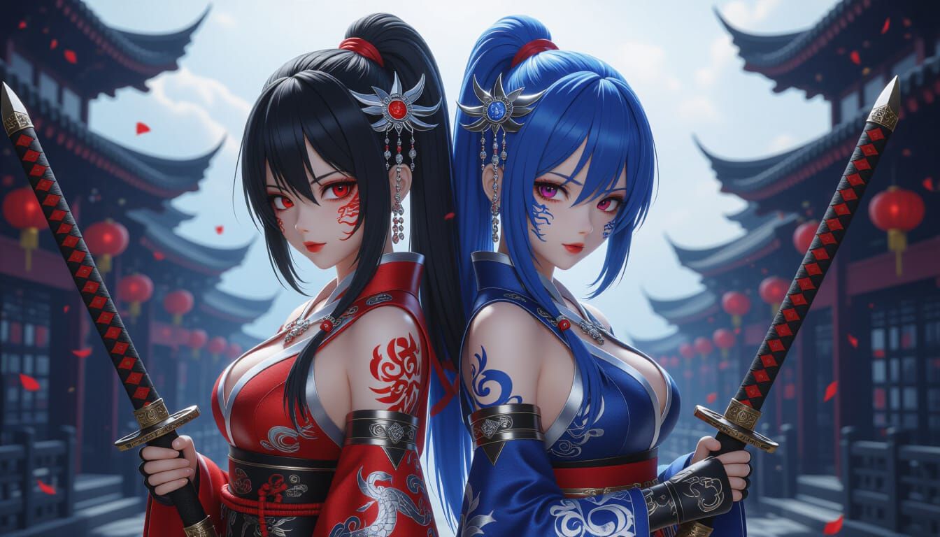 Anime Warrior Sisters in Dragon Paint Battle