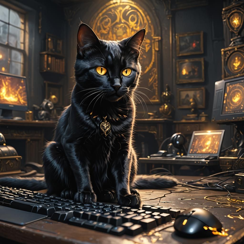 Black Cat Plays on Keyboard: Dark Fantasy Art