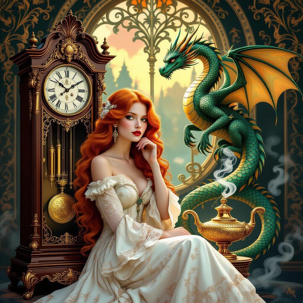 Surreal Art Nouveau Portrait with Dragon