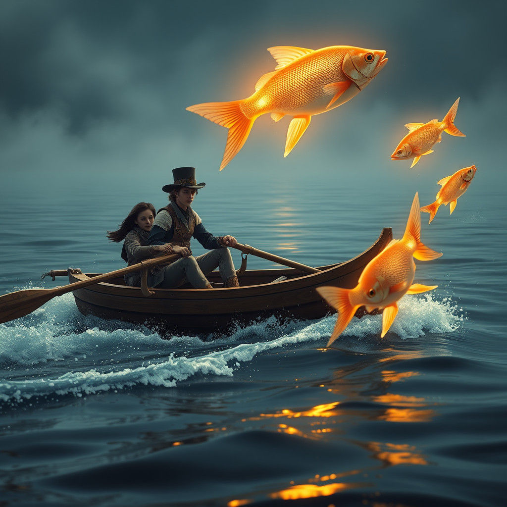 Steampunk Teens Rowboat Scene with Luminous Fish