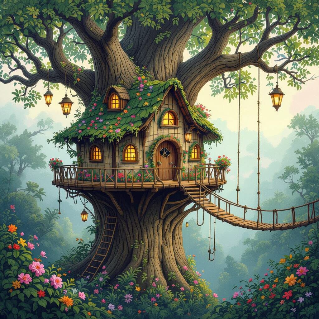 Whimsical Treehouse Village in Lush Rainforest