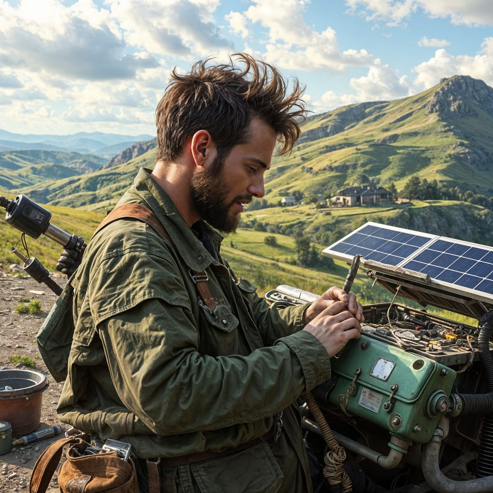Solarpunk Mechanic Tinkers with Innovative Car in Green Vall...