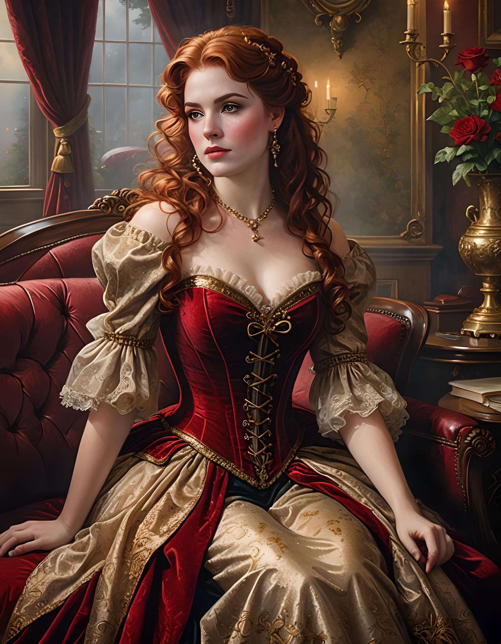 Victorian Woman in Red Dress, Ethereal Portrait