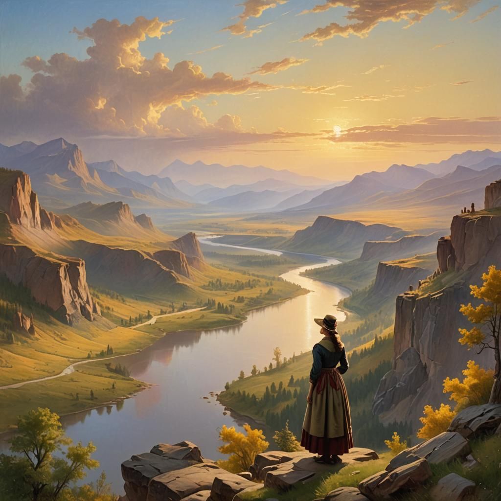Pioneer Woman Gazing at Platte River Landscape