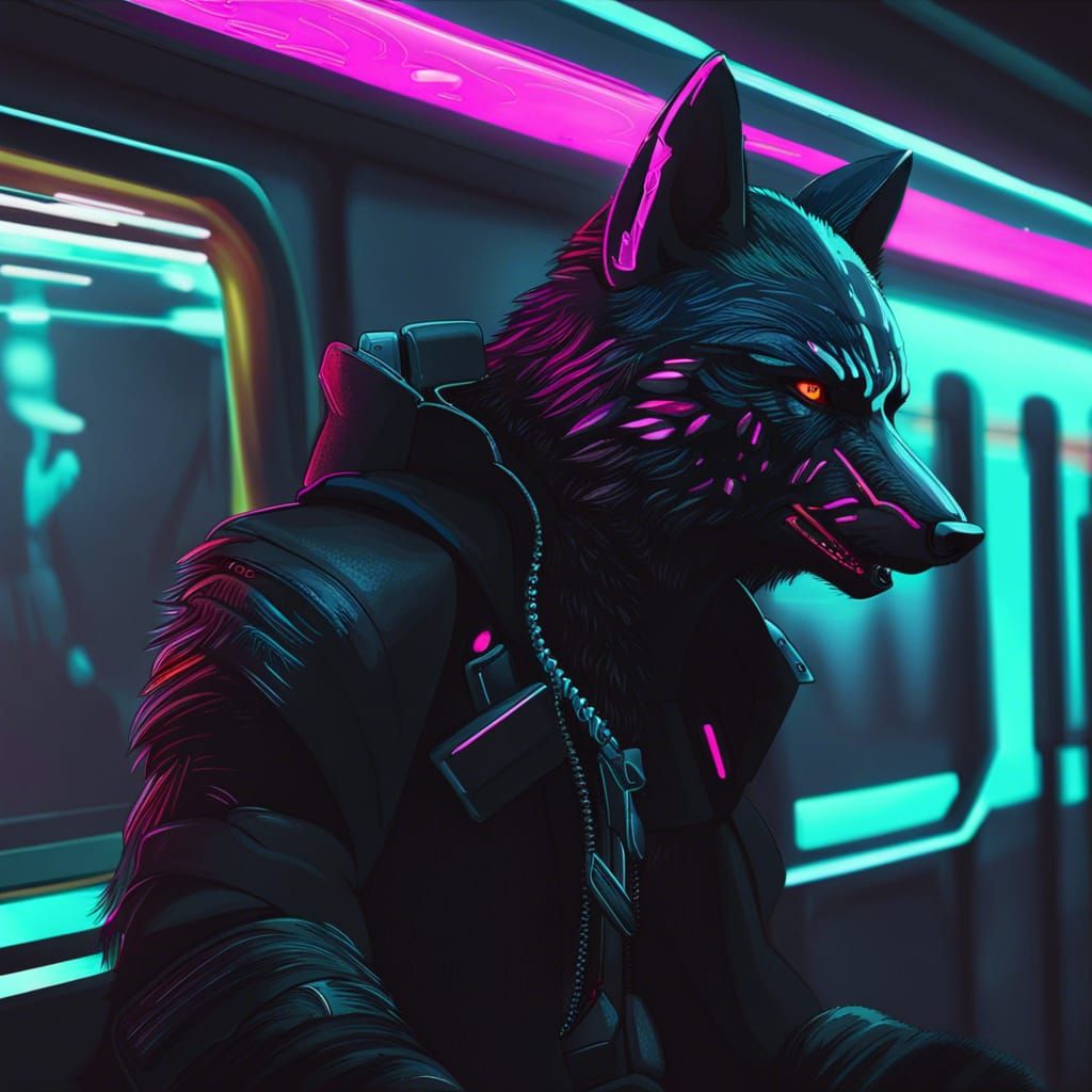 Cyberpunk Wolf in Subway with Neon Lighting
