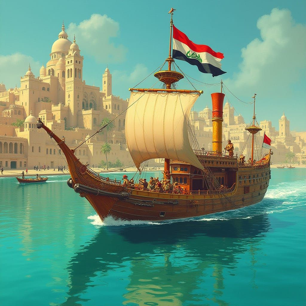 Sindbad Ship with Iraqi Flag in Basra, Digital Art