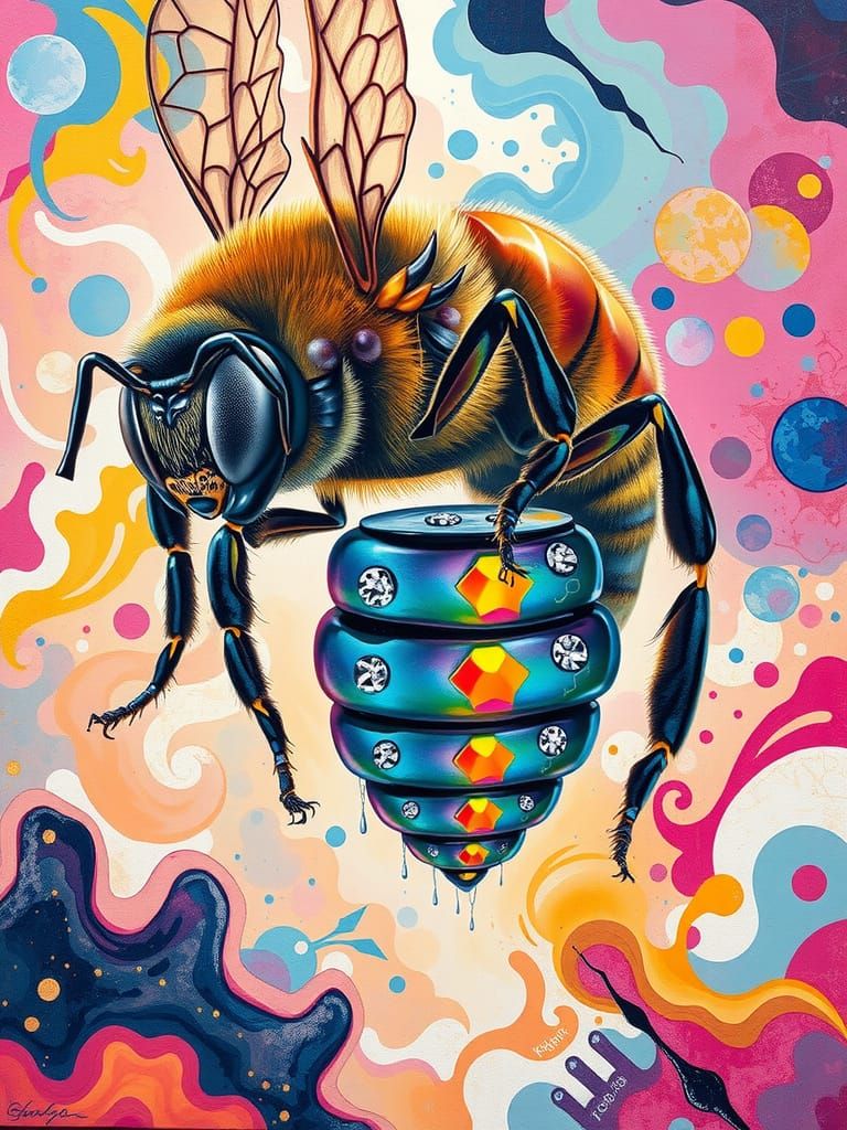Surreal Bee in Vibrant Diamond Eyes Abstract Landscape
