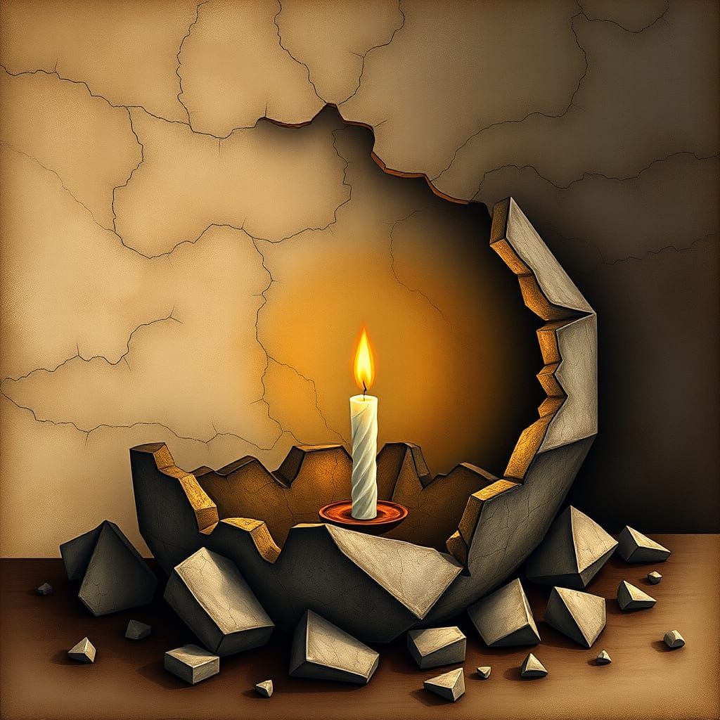 Earthen Broken Vessel with Candle Spark Abstract Art