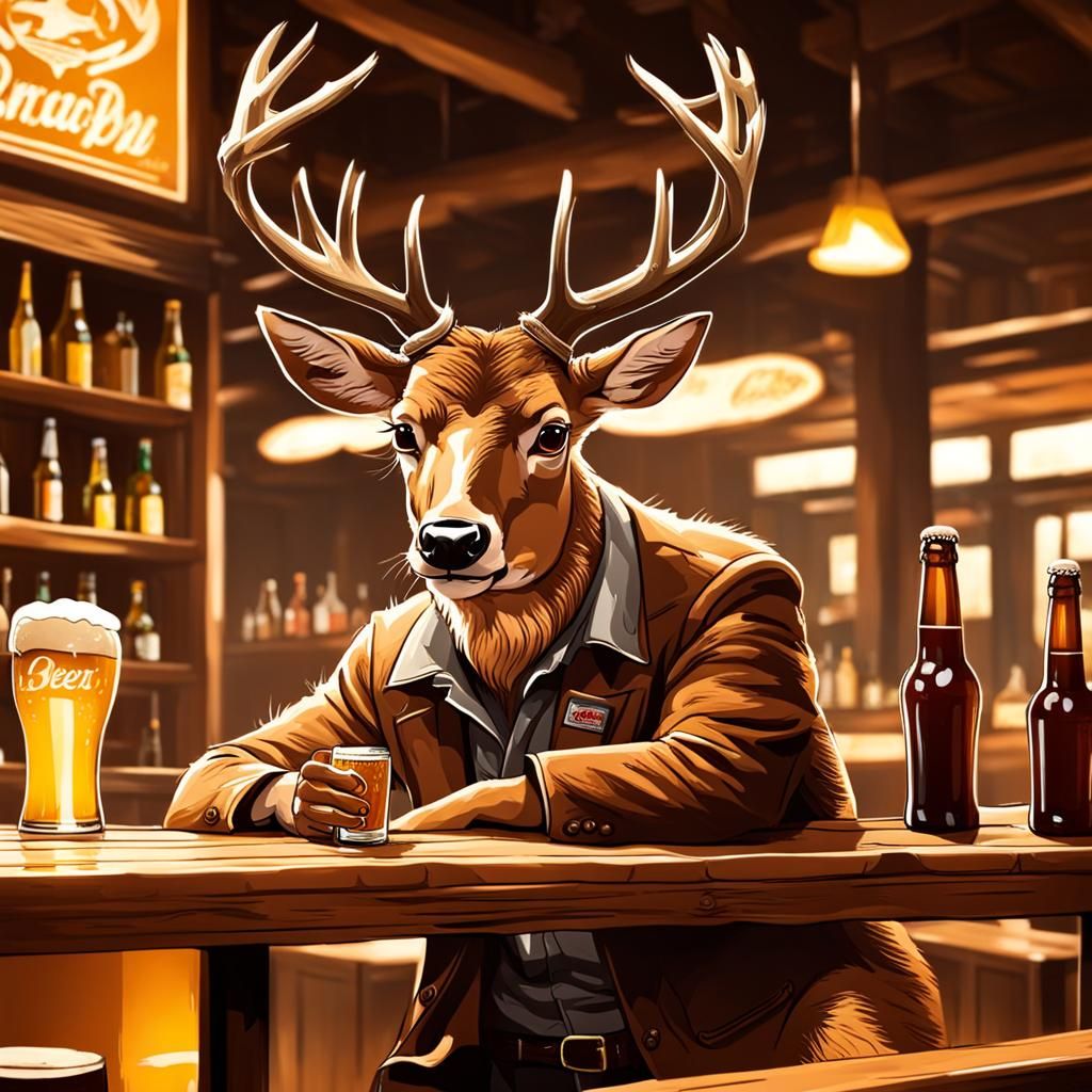 Deer Enjoys a Beer at the Bar