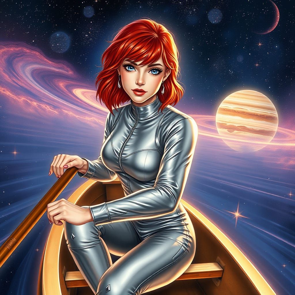 Cosmic Astral Goddess Rows Through Stellar Vortex