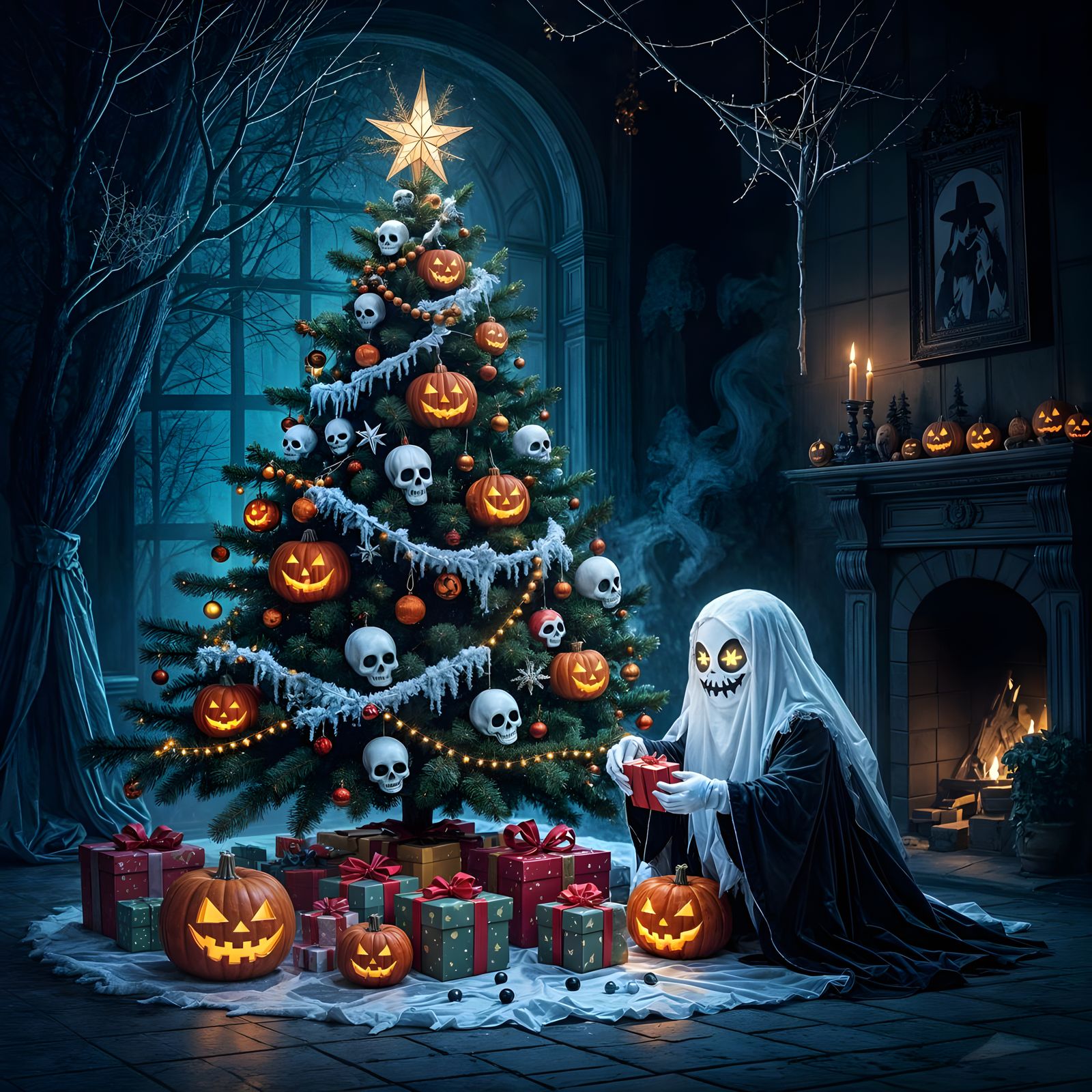 Evil Ghost Unwraps Halloween Christmas Presents