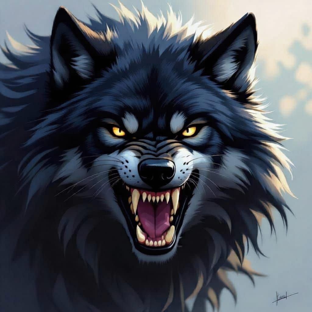 Large Black Wolf Snarling with Golden Eyes