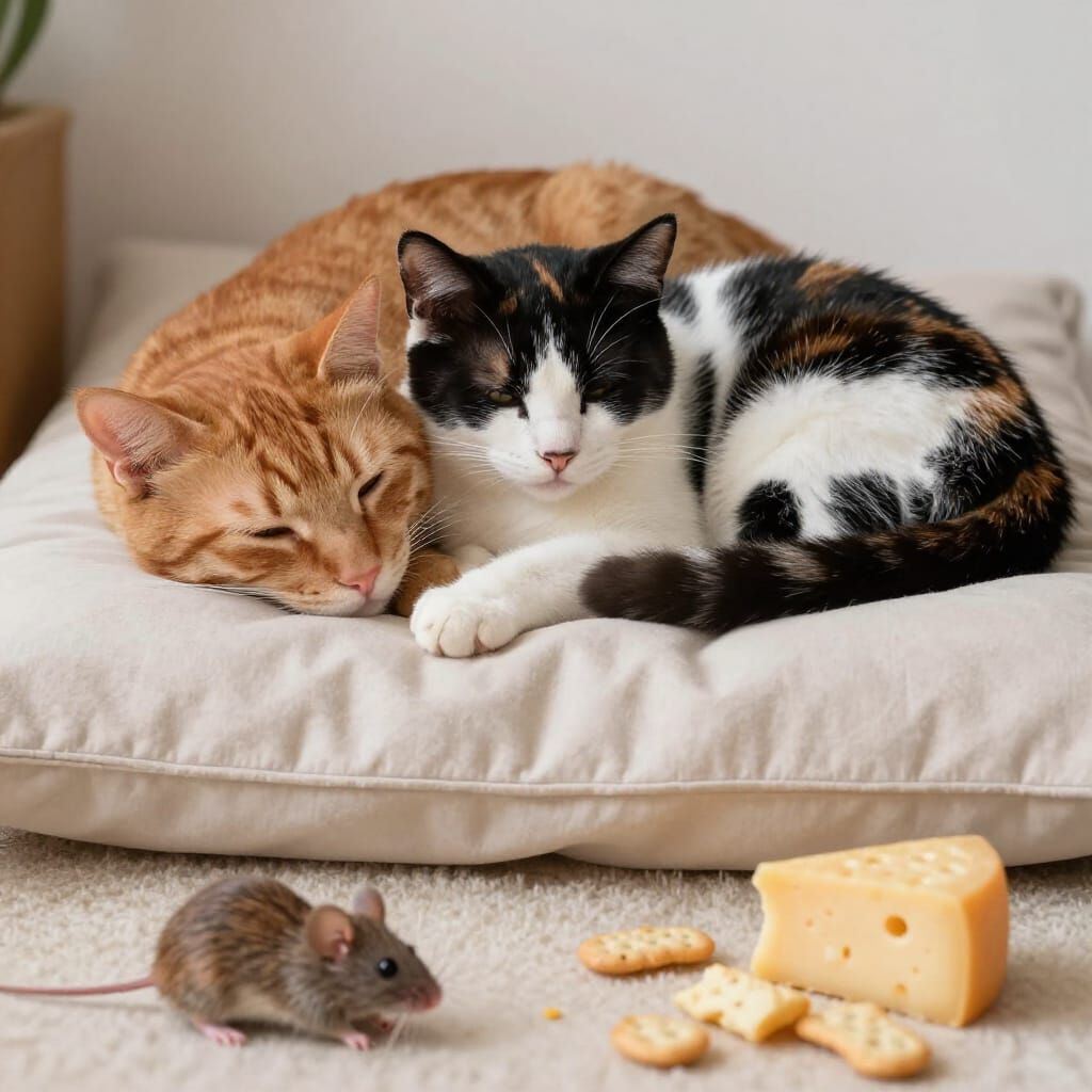 Two Cats Sleeping Peacefully on Pillow with Mice in Backgrou...