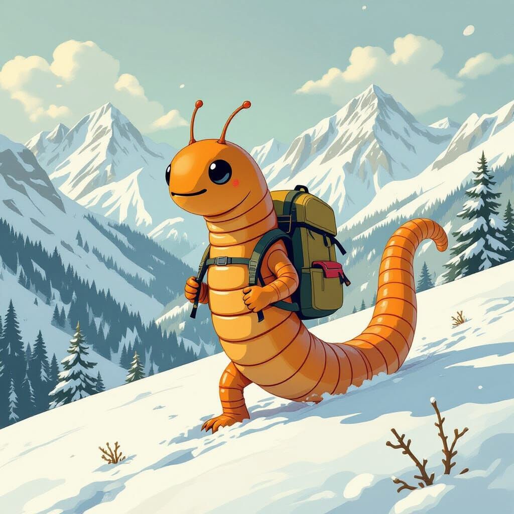 Whimsical Worm Hiking in Snowy Alps