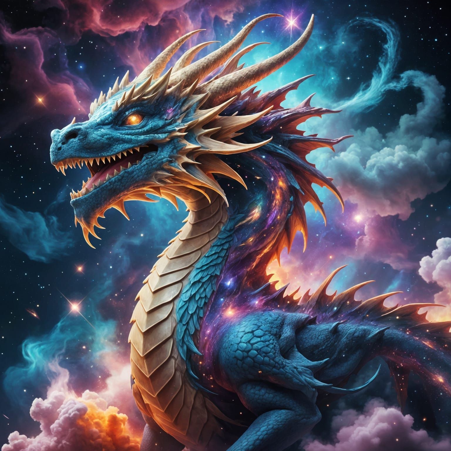 Chromatic Cosmic Dragon Soaring Through Stars