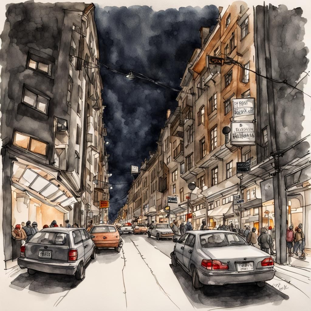City Street at Night in Ink and Watercolor