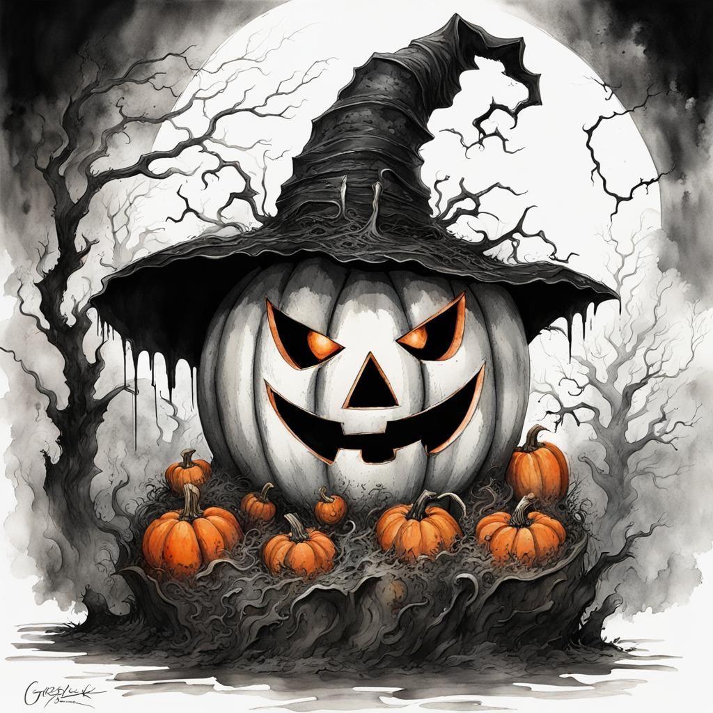 Scary Halloween Pumpkin in Monochrome Watercolor Style