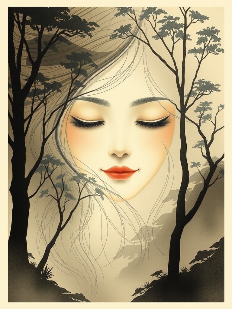 Abstract Face in Nature, Vintage Poster Style