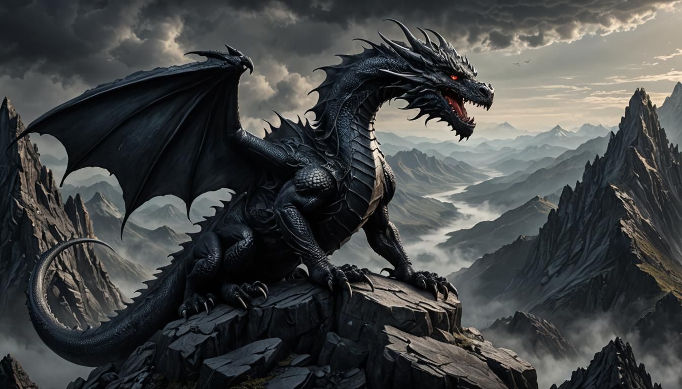 Obsidian Dragon Perched on Misty Peak