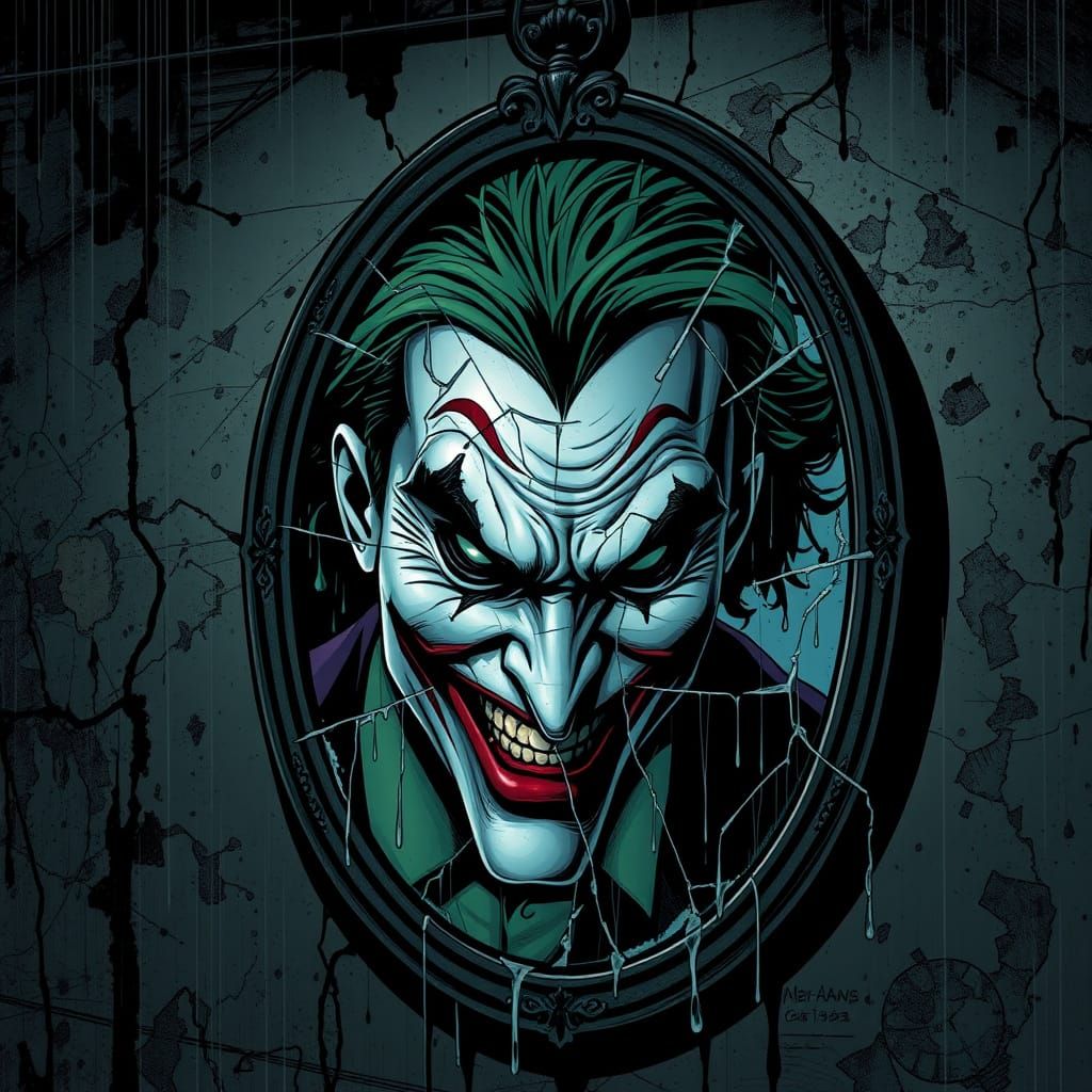 Joker's Distorted Reflection in a Cracked Mirror