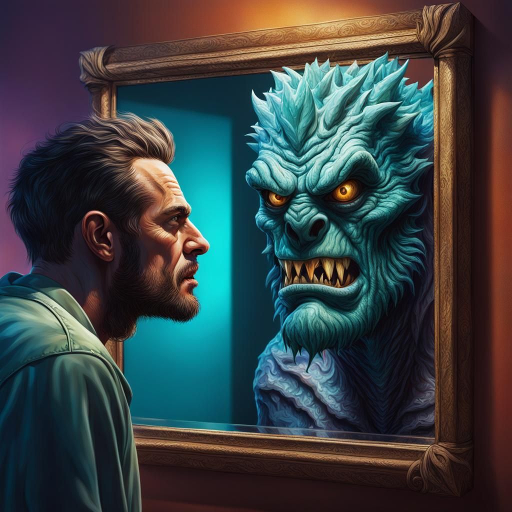 Man's Monstrous Reflection: Hyperrealistic Concept Art