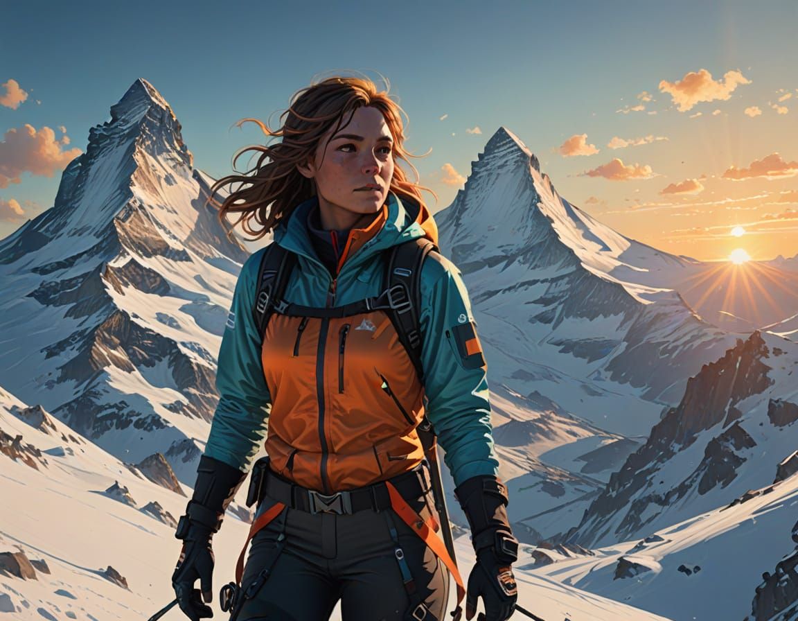 Skiing Down Steep Slope At Sunset Near Matterhorn