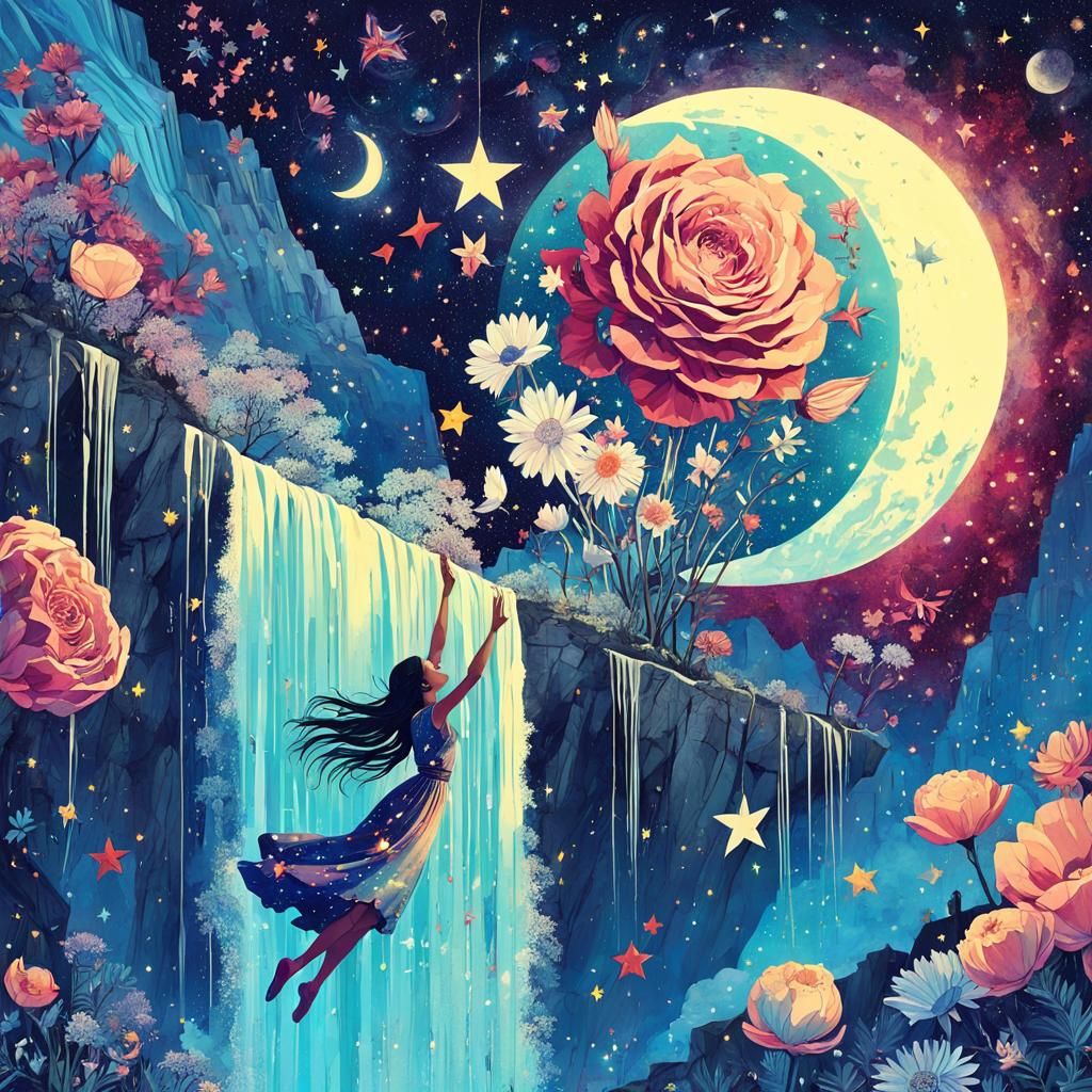 Macabre Starry Night Waterfall Jump Illustration