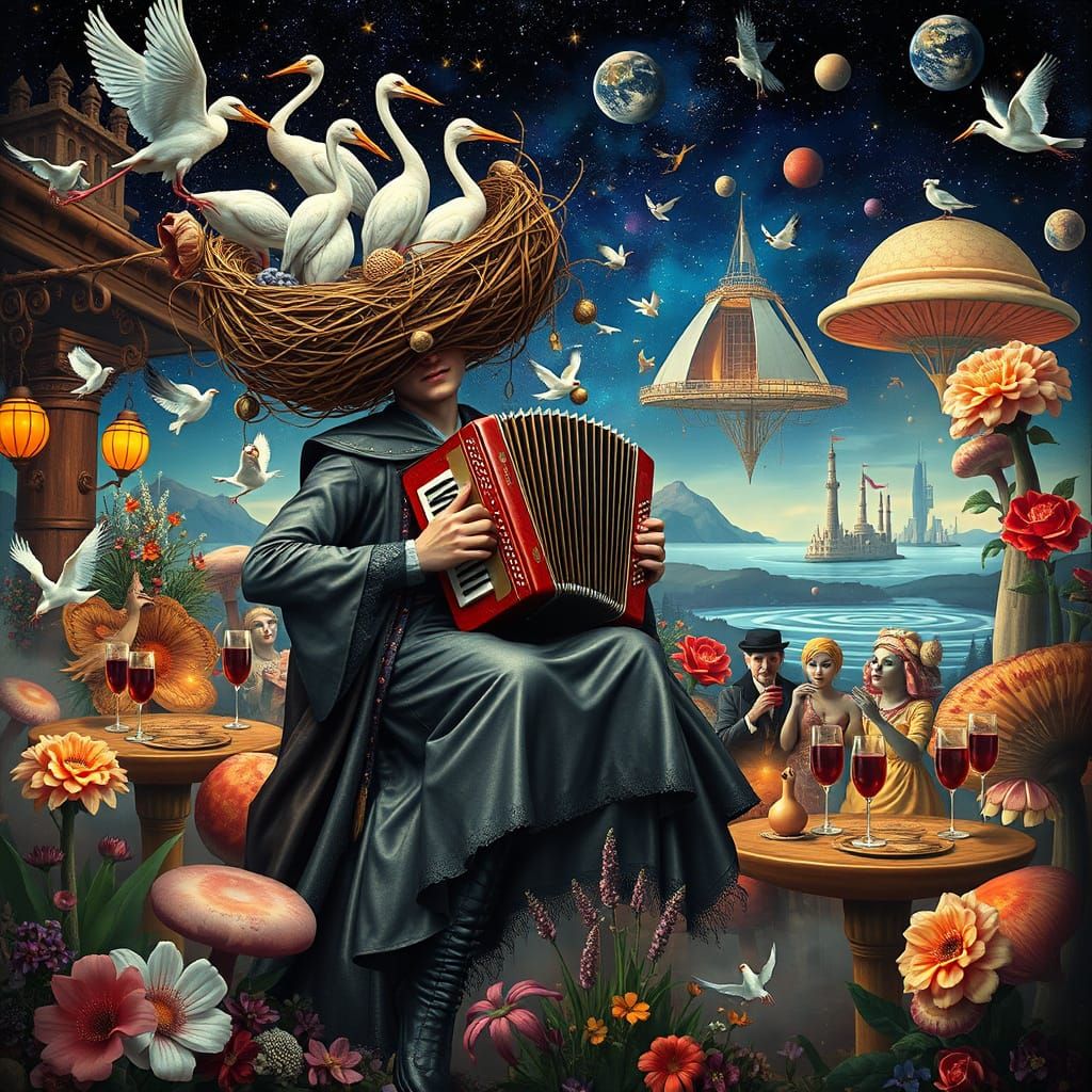 Surreal Galaxy Accordionist with Stork Nest, Inspired by Bos...