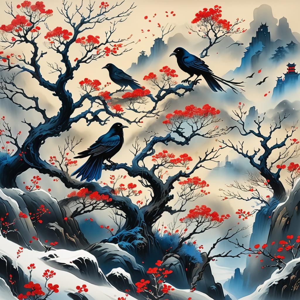 Winter Witchcore Scene with Ghosts in Ink Painting