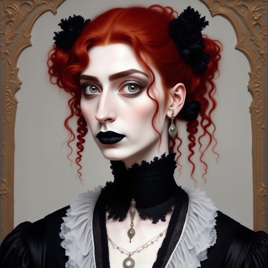 Victorian Ginger Man in Black Lace Dress