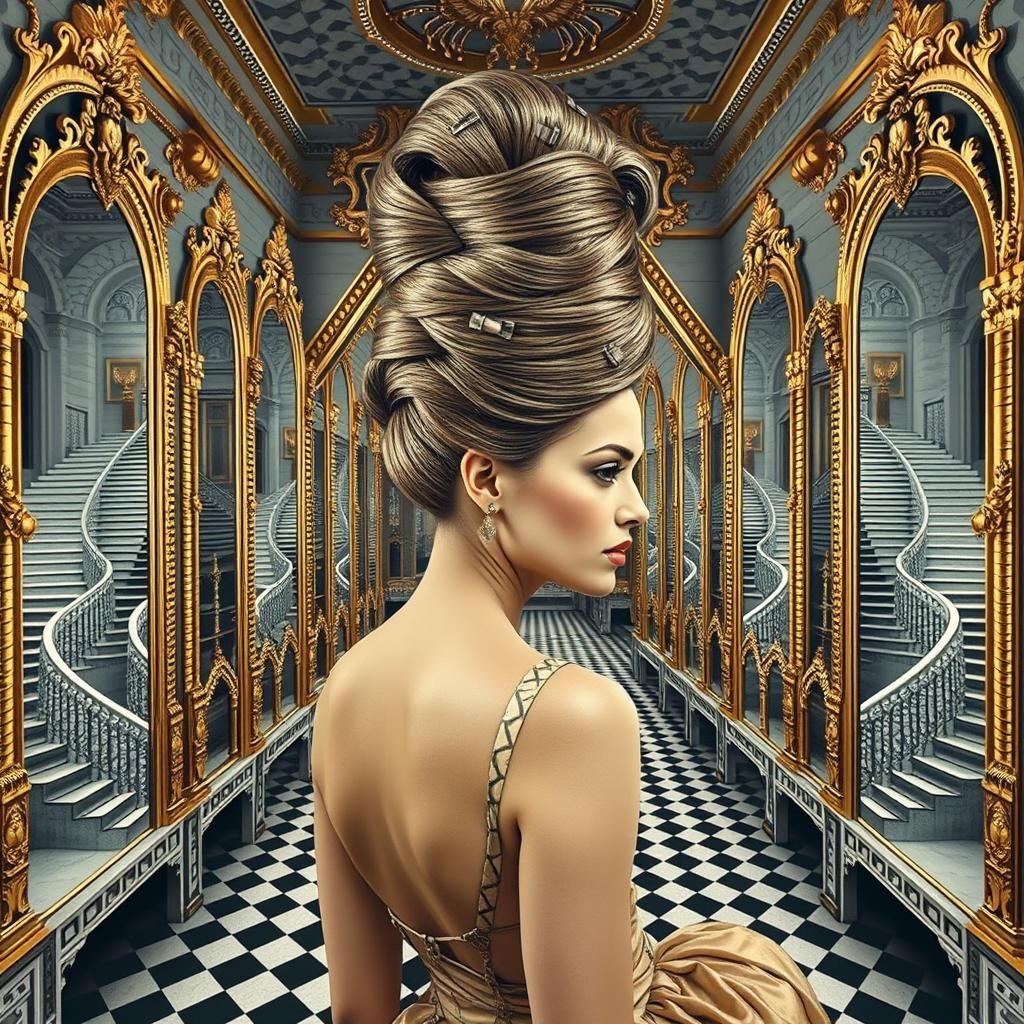 Surreal Tessellation: Woman in Escher-Inspired Room