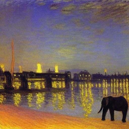 Elephants Roam a Night Cityscape: Impressionist Style