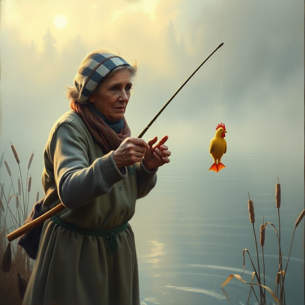 Woman Fishing With Rubber Chicken at Dawn