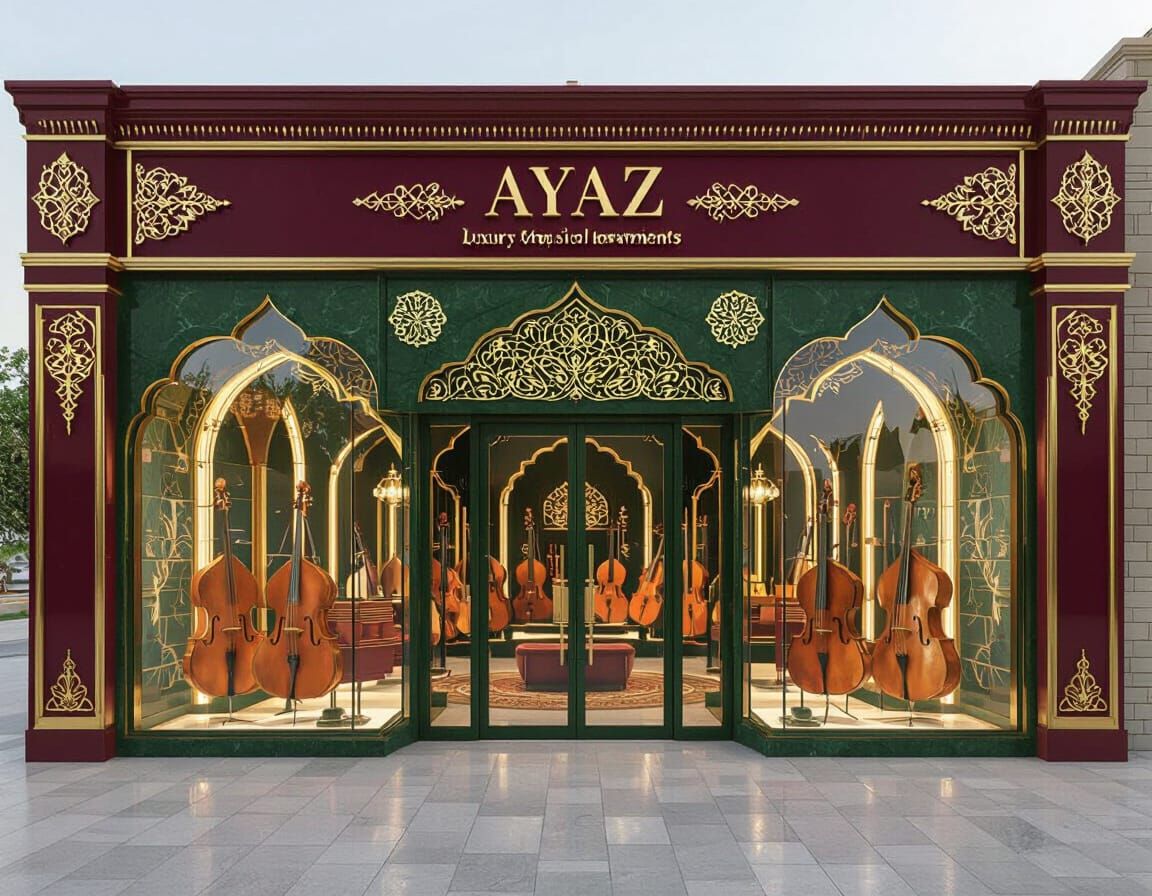 Luxurious AYAZ Music Store Exterior in Burgundy and Green