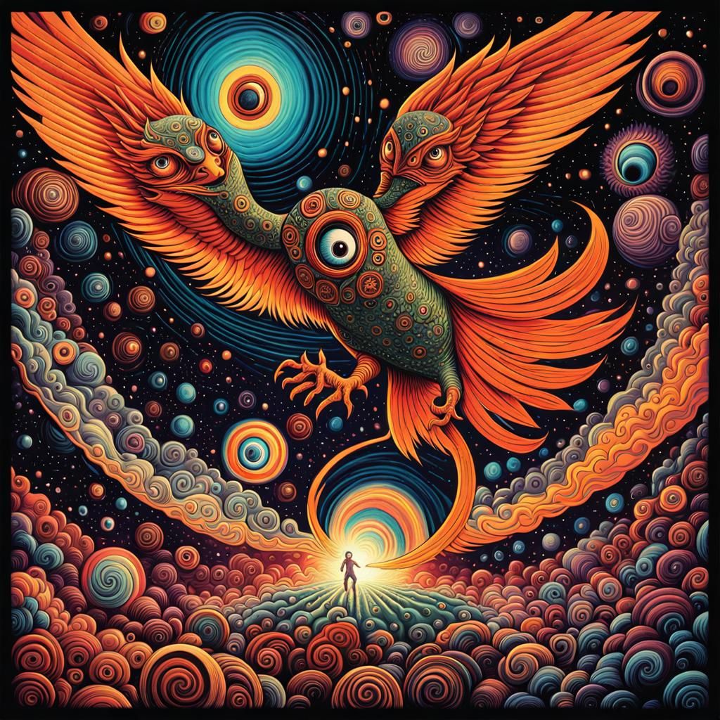 Psychedelic Phoenix in Retro Hand-Drawn Style