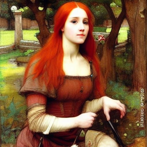 Redhead Huntress in Garden, Pre-Raphaelite Style