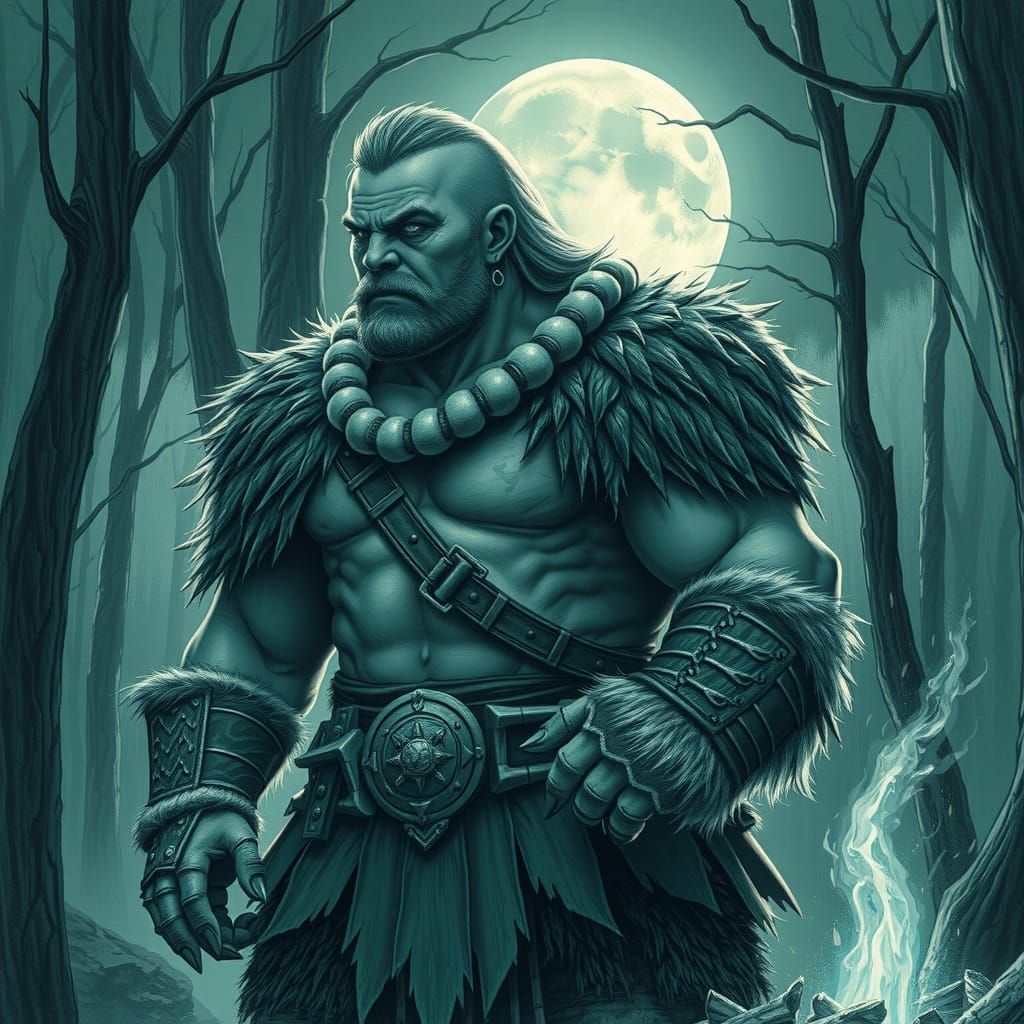 Monochrome Ork Barbarian Warrior in Teal and Green