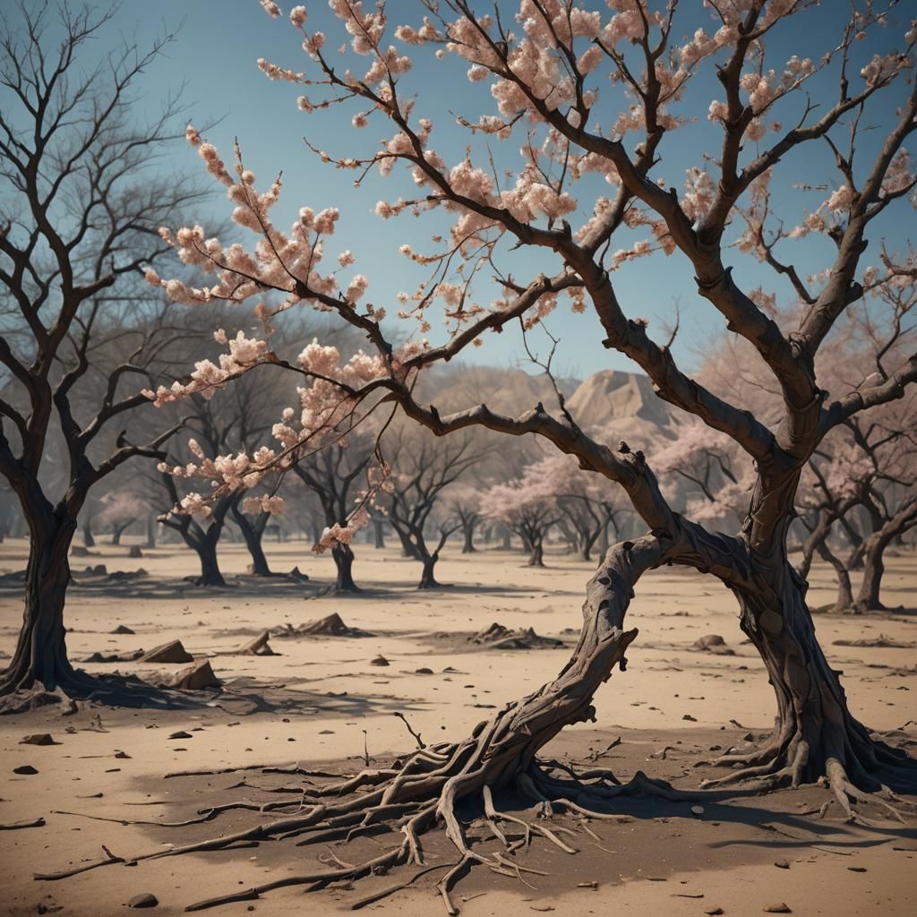 Lonely Cherry Blossom in Barren Landscape