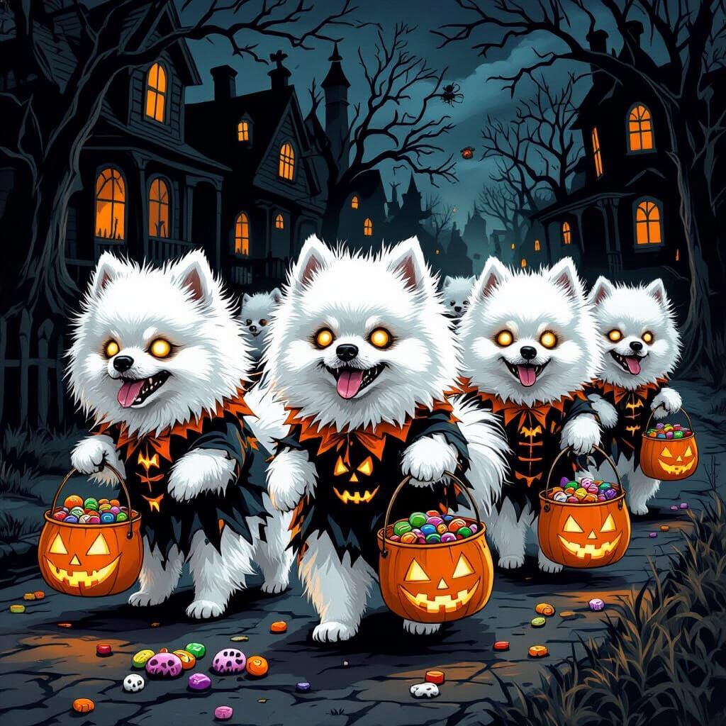 Zombie Pomeranians Trick-or-Treating Halloween Night