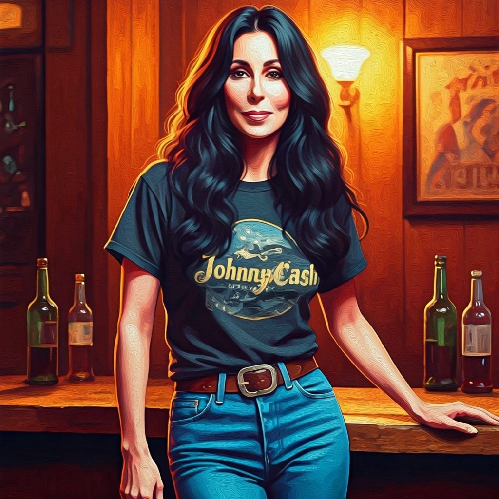 Cher in Tavern: Impressionistic Oil Painting