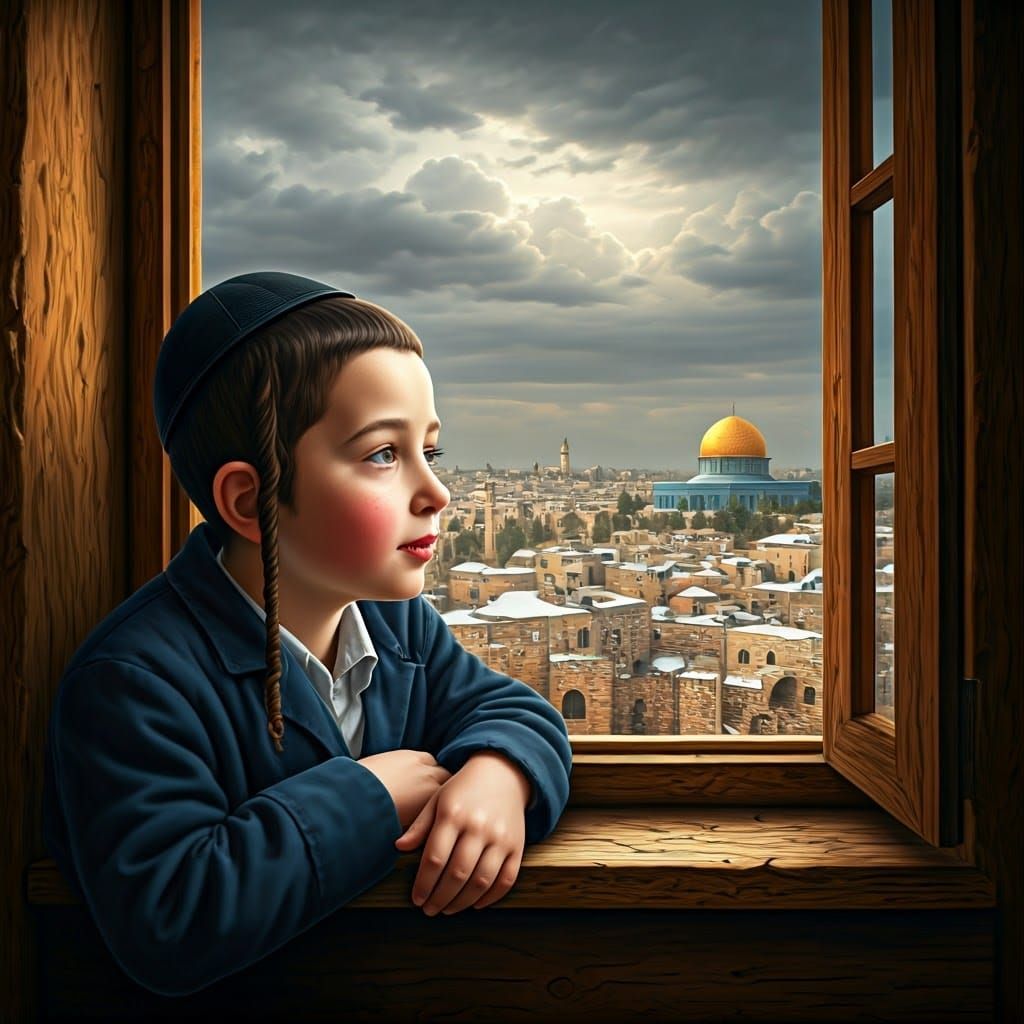Haredi Boy Awaits Snowfall in Jerusalem in Whimsical Style